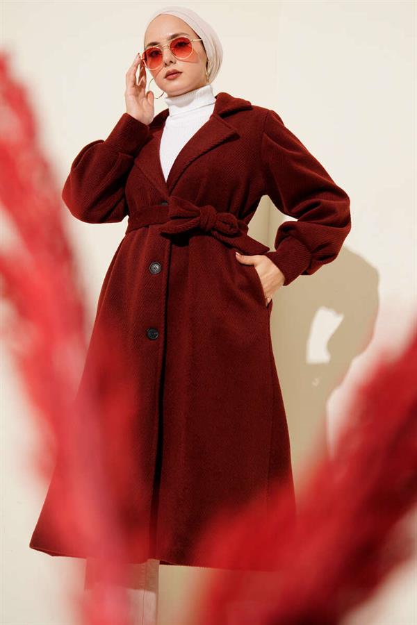 Double-Breasted Belted Lined Cashmere Coat Burgundy