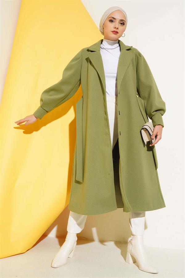 Double Breasted Belted Lined Cashmere Coat Almond Green