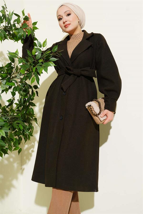 Double-breasted, belted, lined cashmere coat, dark khaki.