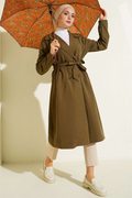 Double-breasted, belted, button-down trench coat, khaki.