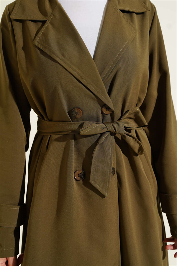Double-breasted, belted, button-down trench coat, khaki.
