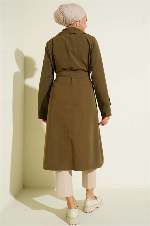 Double-breasted, belted, button-down trench coat, khaki.