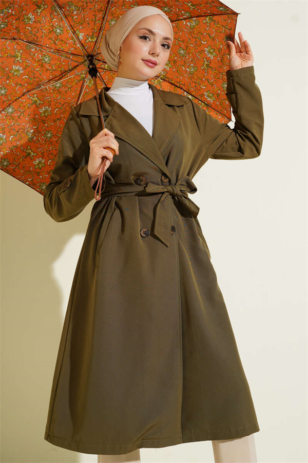 Double-breasted, belted, button-down trench coat, khaki.