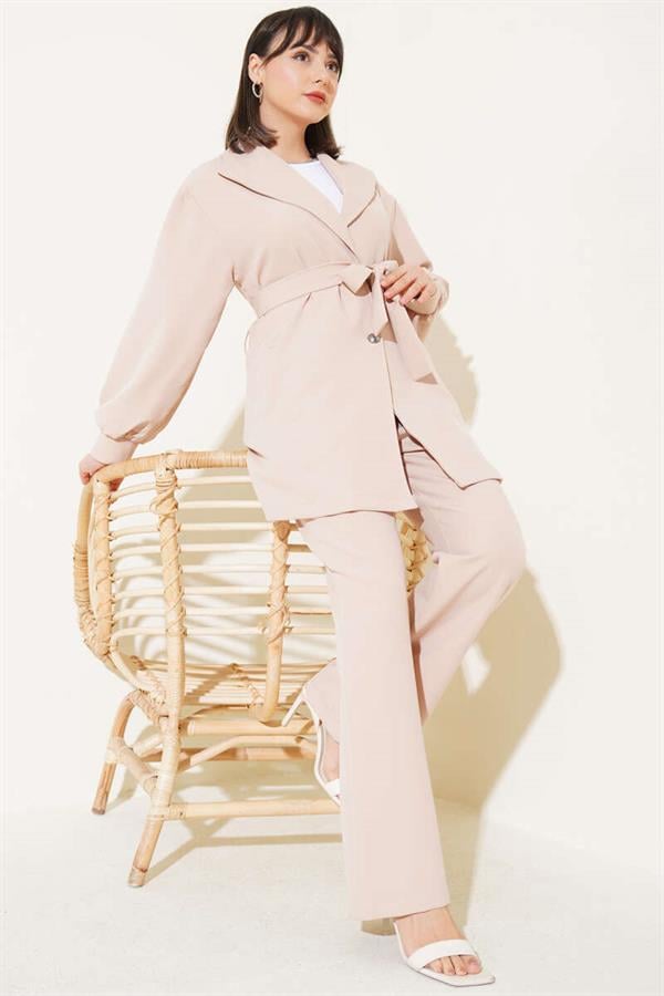 Double Breasted Belted 2 Piece Set Beige