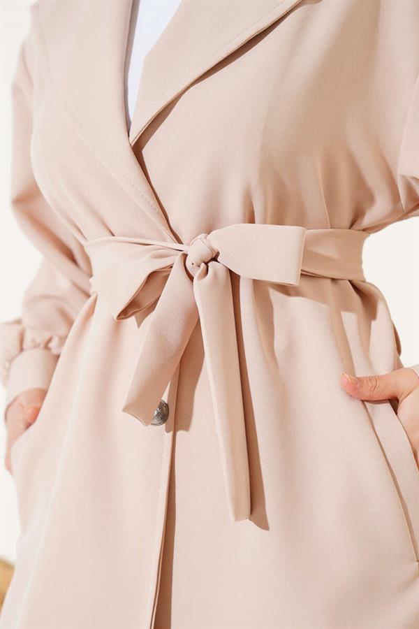 Double Breasted Belted 2 Piece Set Beige