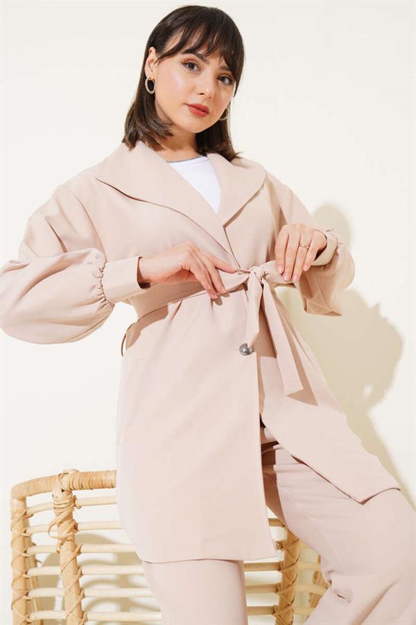 Double Breasted Belted 2 Piece Set Beige