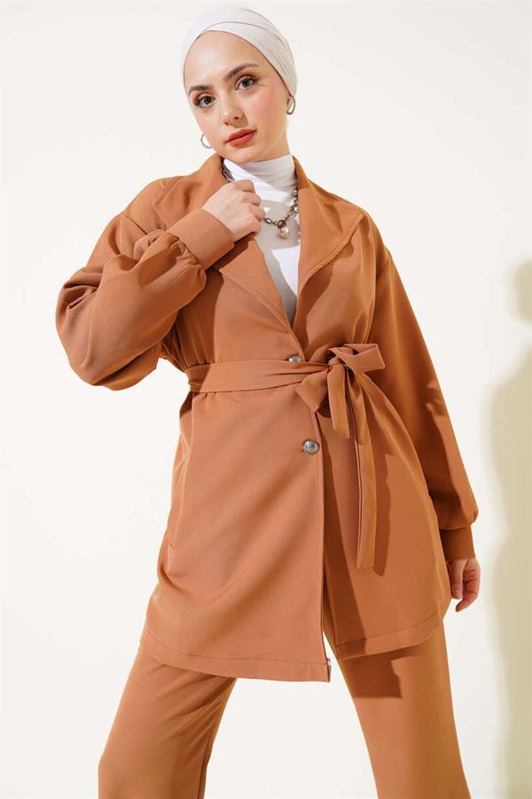 Double Breasted Belted 2 Piece Set Camel