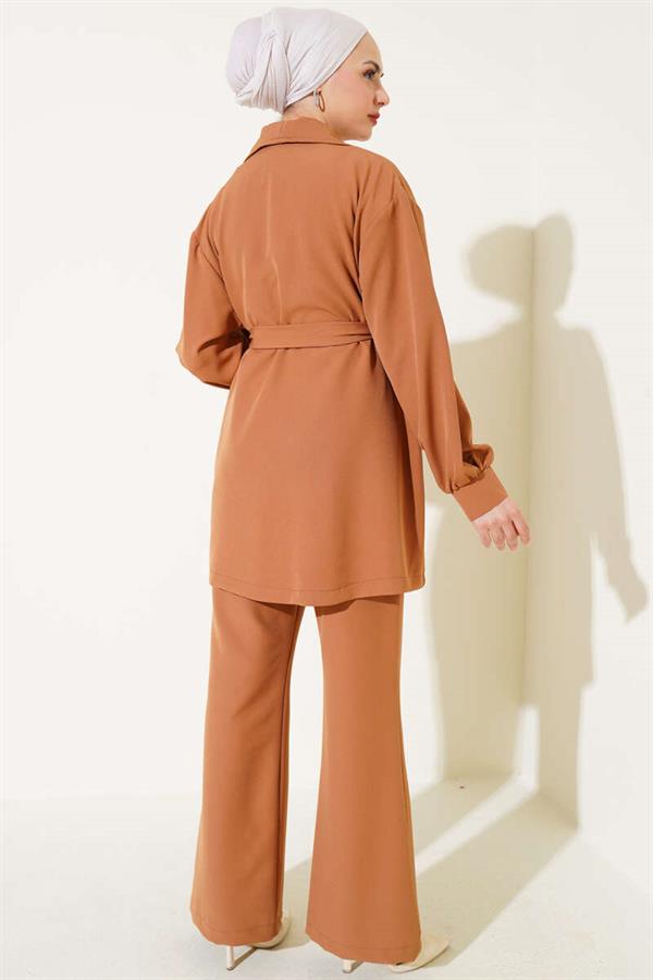 Double Breasted Belted 2 Piece Set Camel