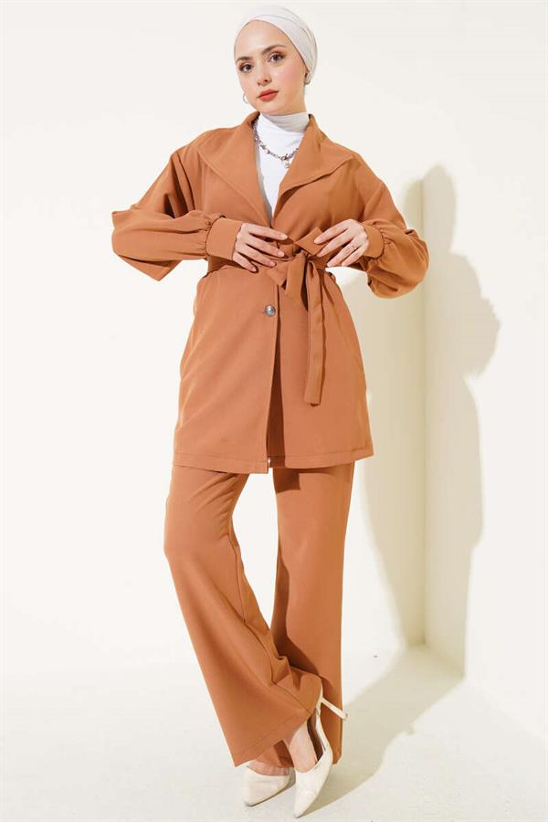 Double Breasted Belted 2 Piece Set Camel