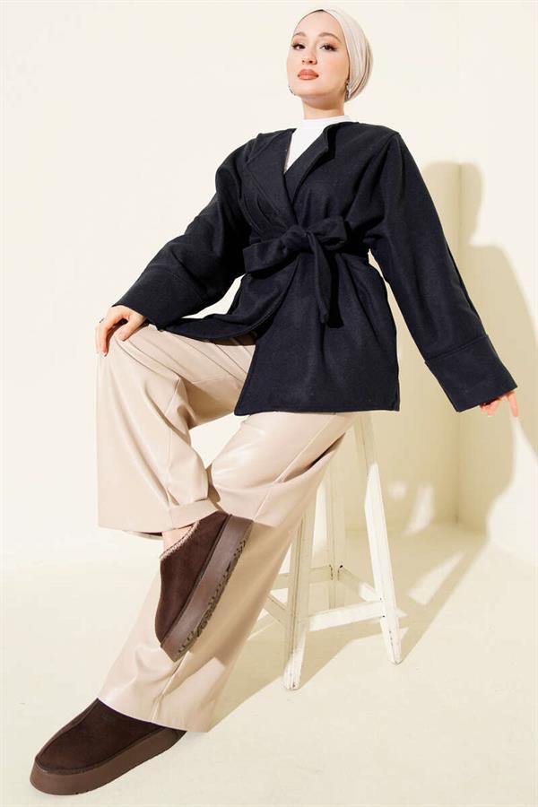 Double-Breasted Belted Cashmere Jacket Navy Blue