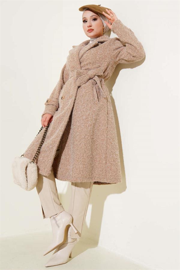 Double Breasted Belted Cashmere Coat in Camel