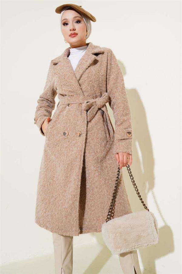 Double Breasted Belted Cashmere Coat in Camel