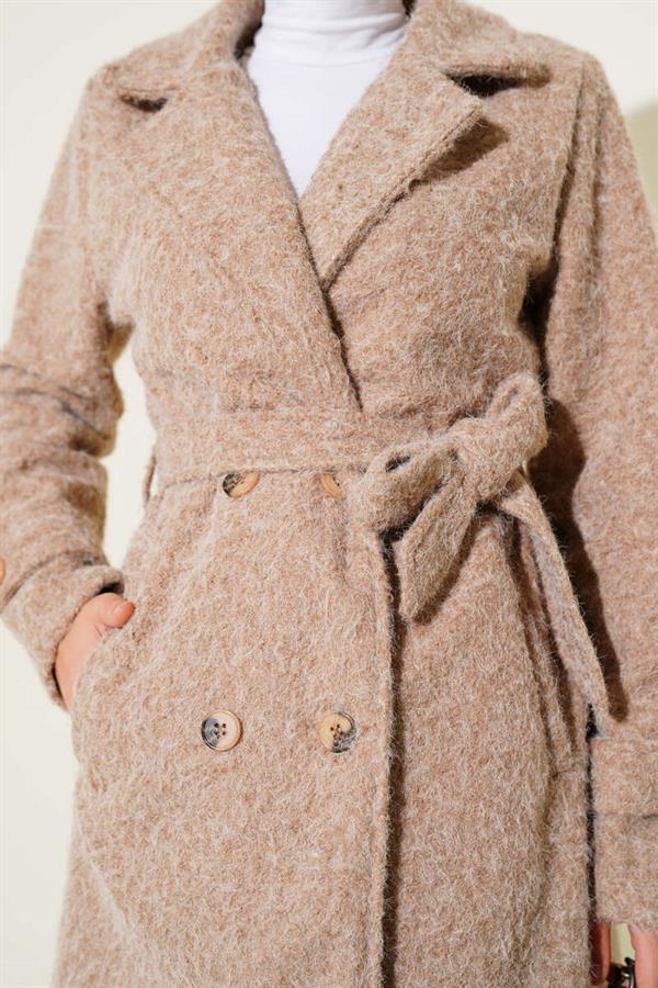 Double Breasted Belted Cashmere Coat in Camel