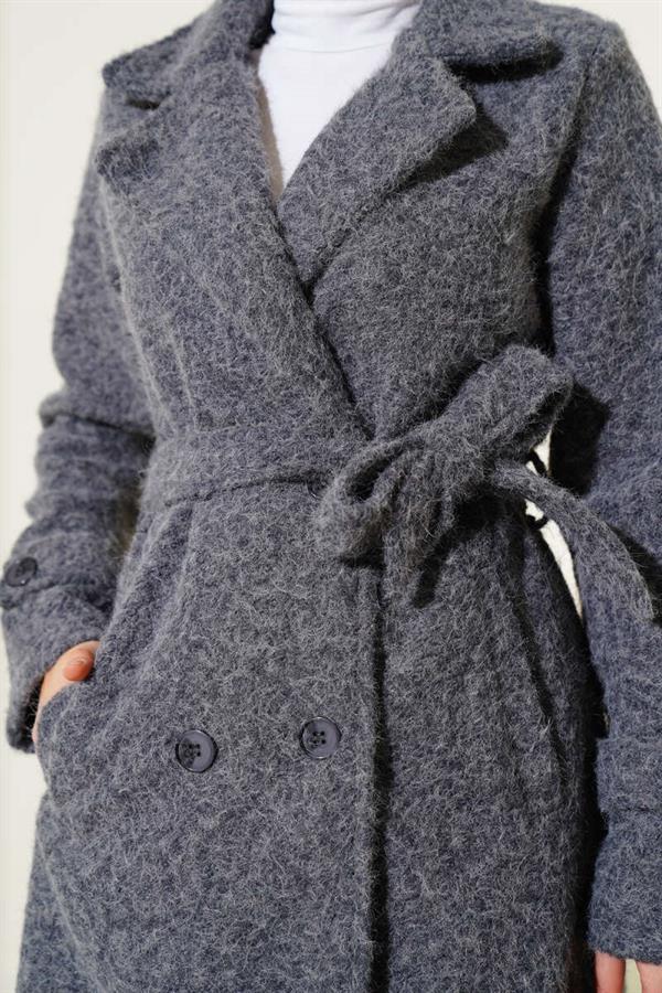 Double-Breasted Belted Cashmere Coat in Smoke