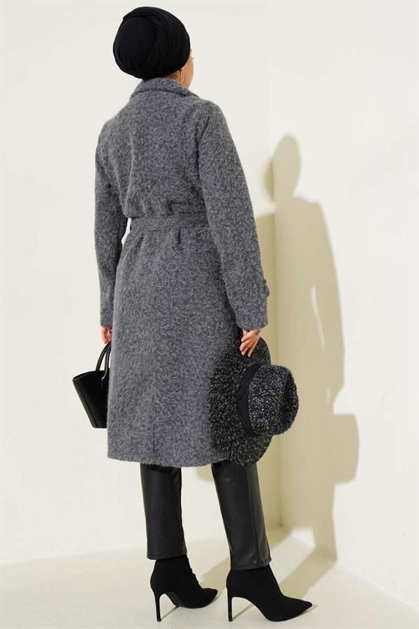 Double-Breasted Belted Cashmere Coat in Smoke