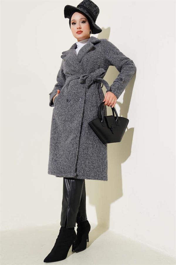 Double-Breasted Belted Cashmere Coat in Smoke
