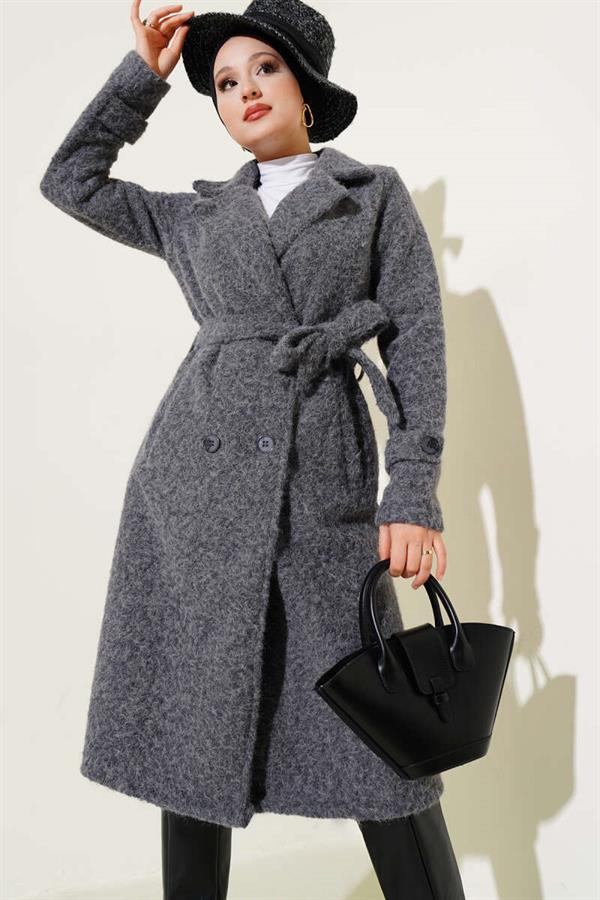Double-Breasted Belted Cashmere Coat in Smoke