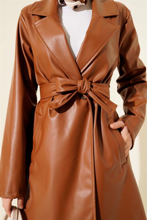 Double-Breasted Belted Short Leather Trench Coat Tan