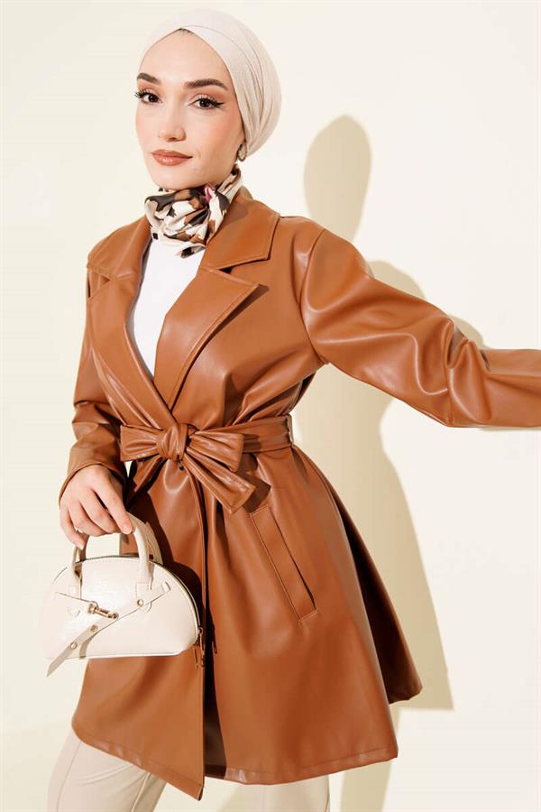 Double-Breasted Belted Short Leather Trench Coat Tan