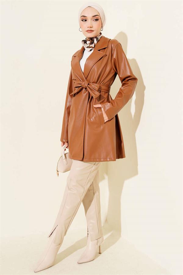 Double-Breasted Belted Short Leather Trench Coat Tan