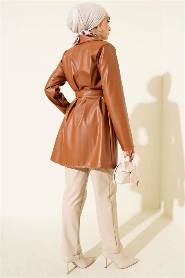 Double-Breasted Belted Short Leather Trench Coat Tan