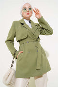 Double Breasted Belted Short Cashmere Coat Almond Green