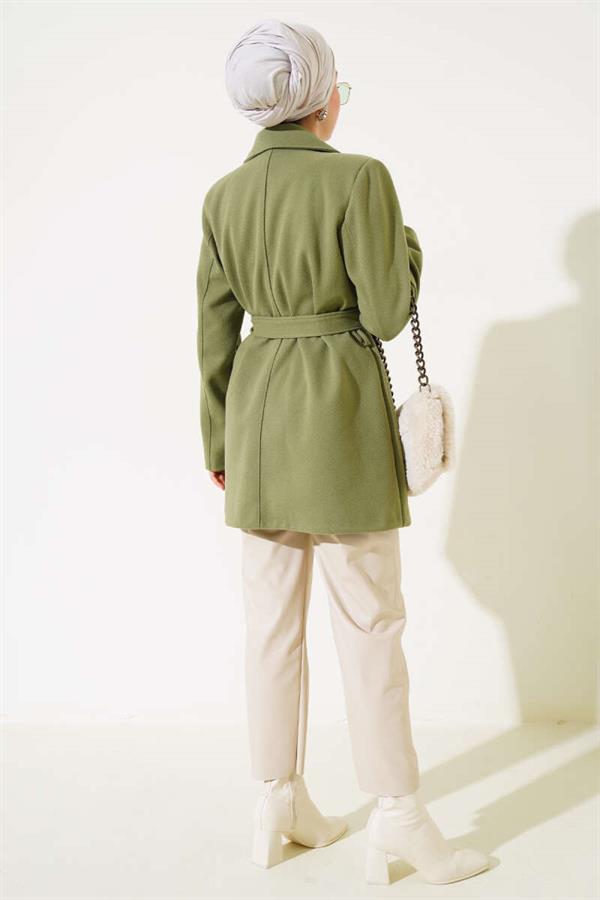 Double Breasted Belted Short Cashmere Coat Almond Green