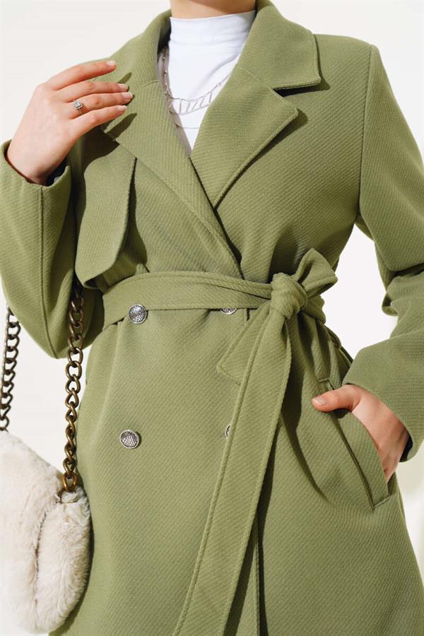 Double Breasted Belted Short Cashmere Coat Almond Green