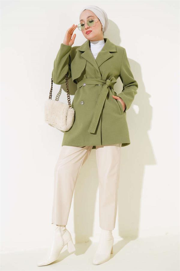 Double Breasted Belted Short Cashmere Coat Almond Green