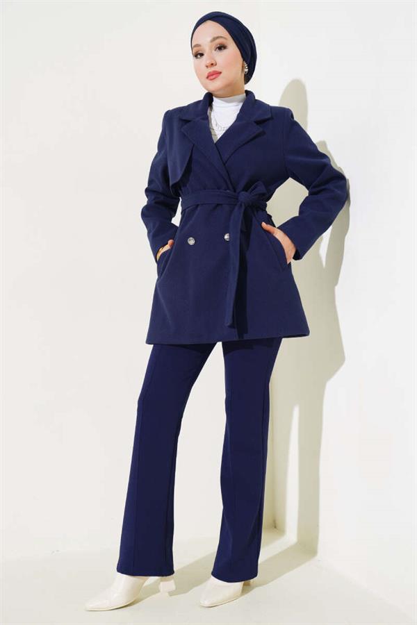 Double Breasted Belted Short Cashmere Coat Navy Blue