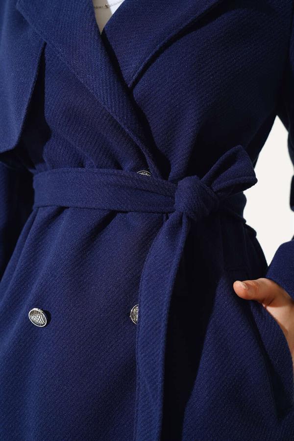 Double Breasted Belted Short Cashmere Coat Navy Blue