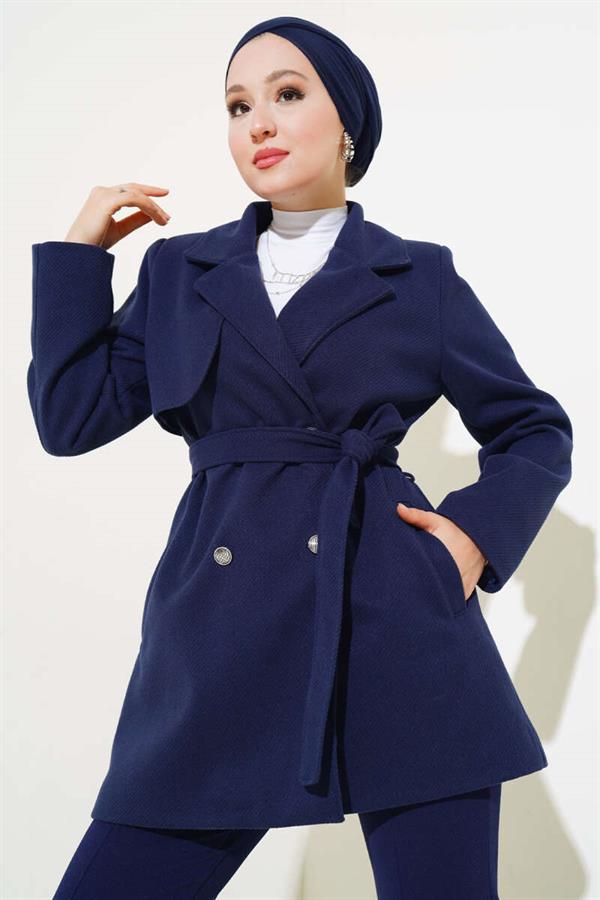 Double Breasted Belted Short Cashmere Coat Navy Blue