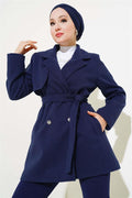 Double Breasted Belted Short Cashmere Coat Navy Blue