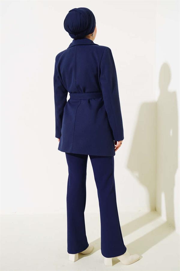 Double Breasted Belted Short Cashmere Coat Navy Blue