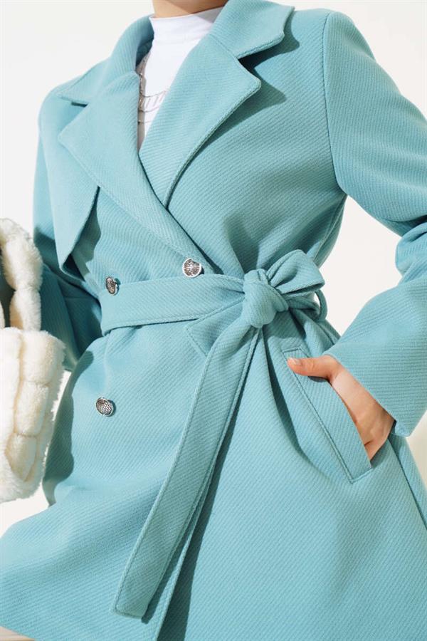 Double Breasted Belted Short Cashmere Coat Mint