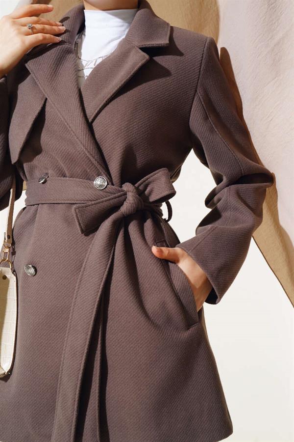 Double Breasted Belted Short Cashmere Coat Milky Coffee