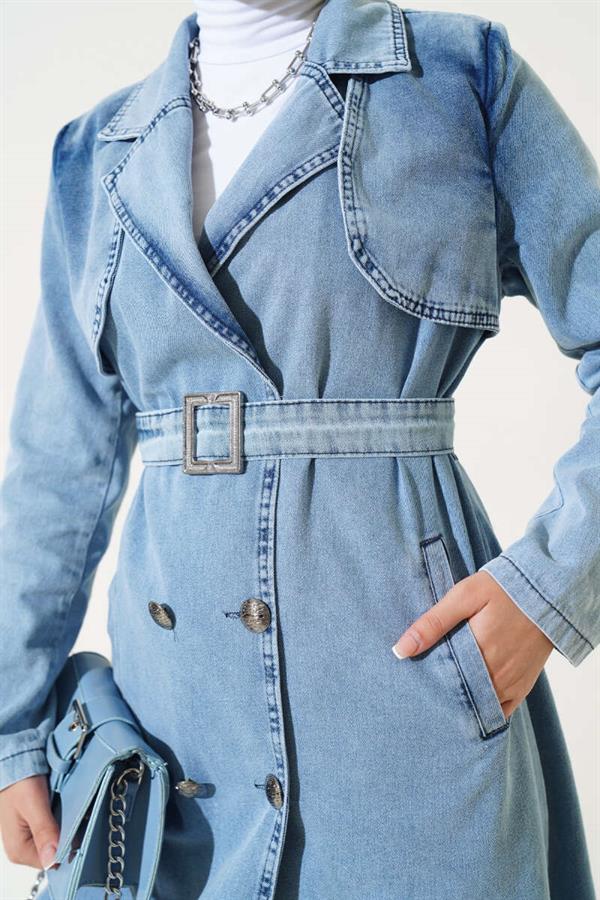 Double-Breasted Belted Denim Trench Coat Ice Blue