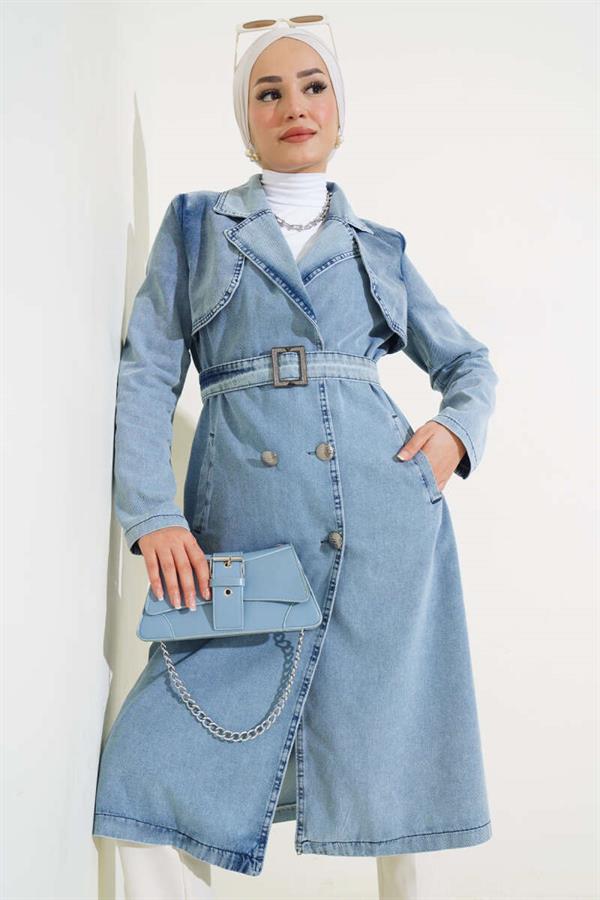 Double-Breasted Belted Denim Trench Coat Ice Blue