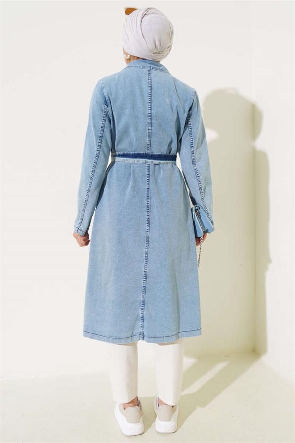Double-Breasted Belted Denim Trench Coat Ice Blue