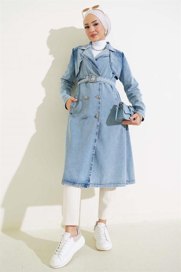 Double-Breasted Belted Denim Trench Coat Ice Blue