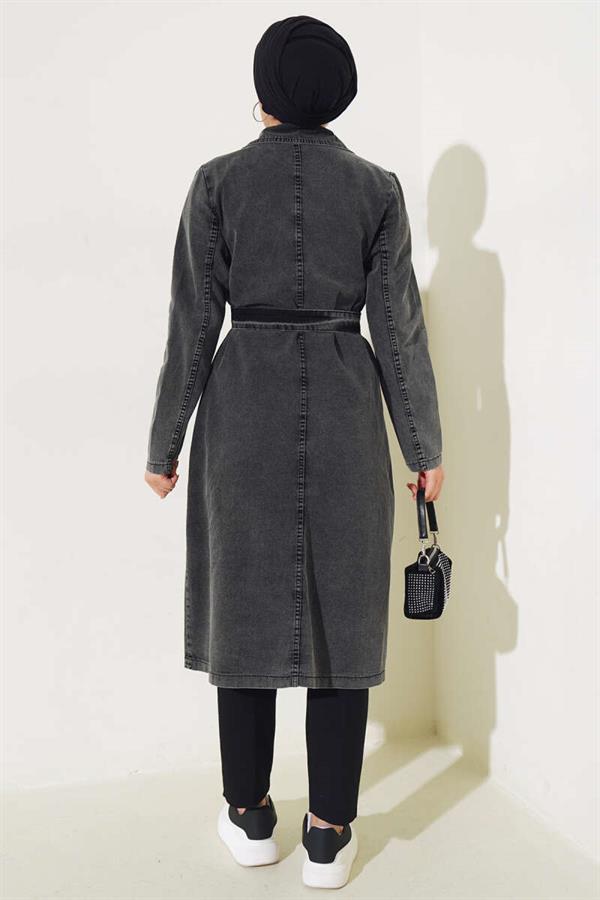 Double-Breasted Belted Denim Trench Coat in Smoke