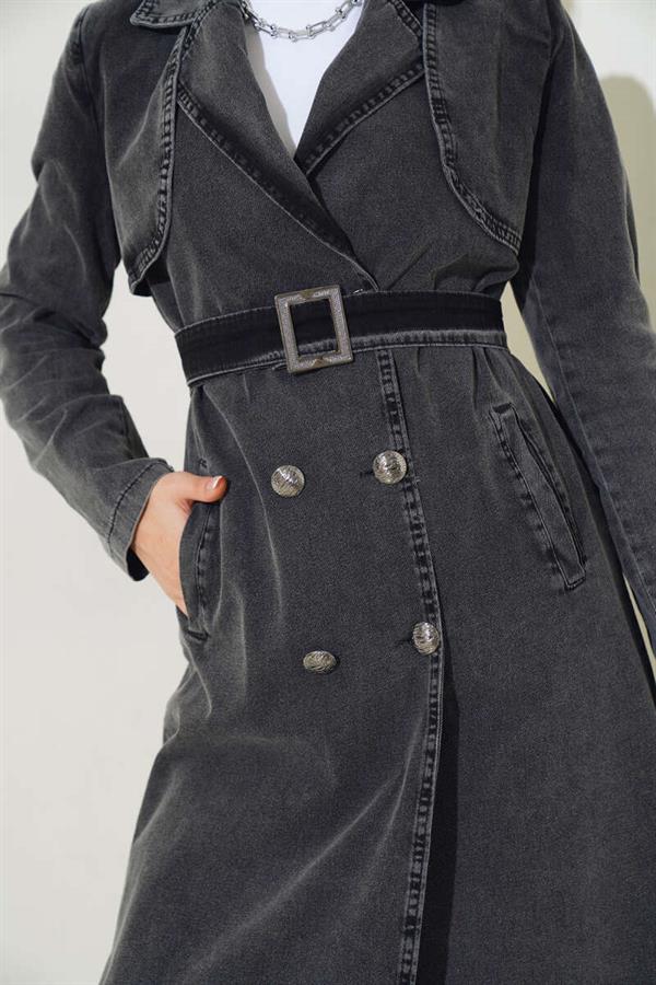 Double-Breasted Belted Denim Trench Coat in Smoke