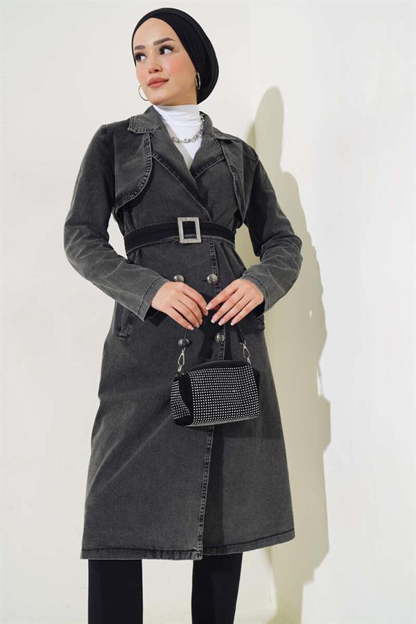 Double-Breasted Belted Denim Trench Coat in Smoke