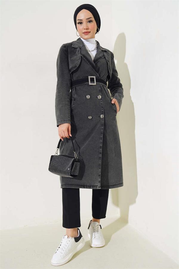 Double-Breasted Belted Denim Trench Coat in Smoke