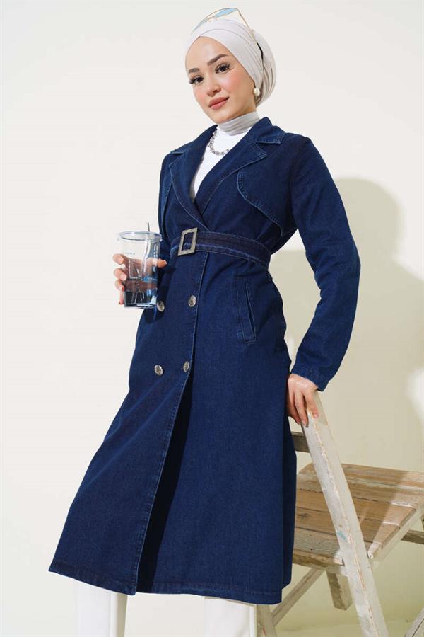 Double Breasted Belted Denim Trench Coat Denim