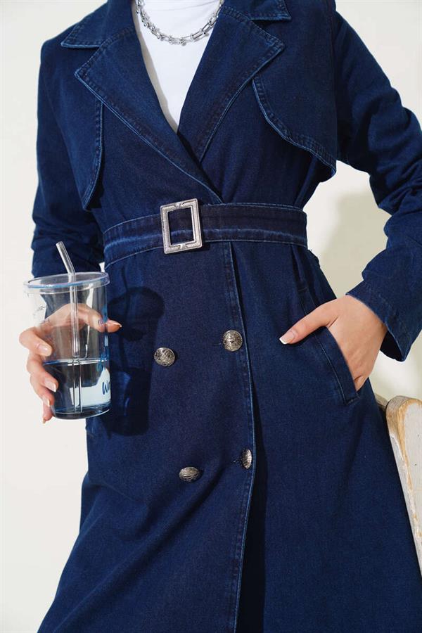 Double Breasted Belted Denim Trench Coat Denim