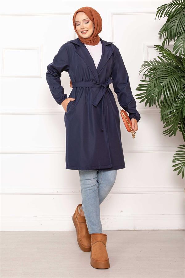 Double-Breasted Belted Relax Trench Coat Navy Blue