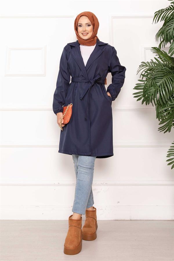 Double-Breasted Belted Relax Trench Coat Navy Blue