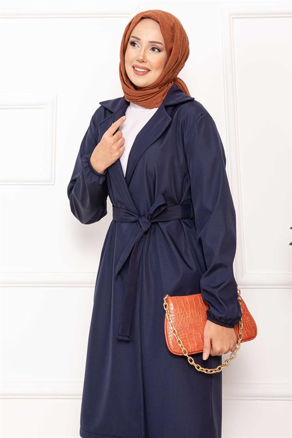 Double-Breasted Belted Relax Trench Coat Navy Blue