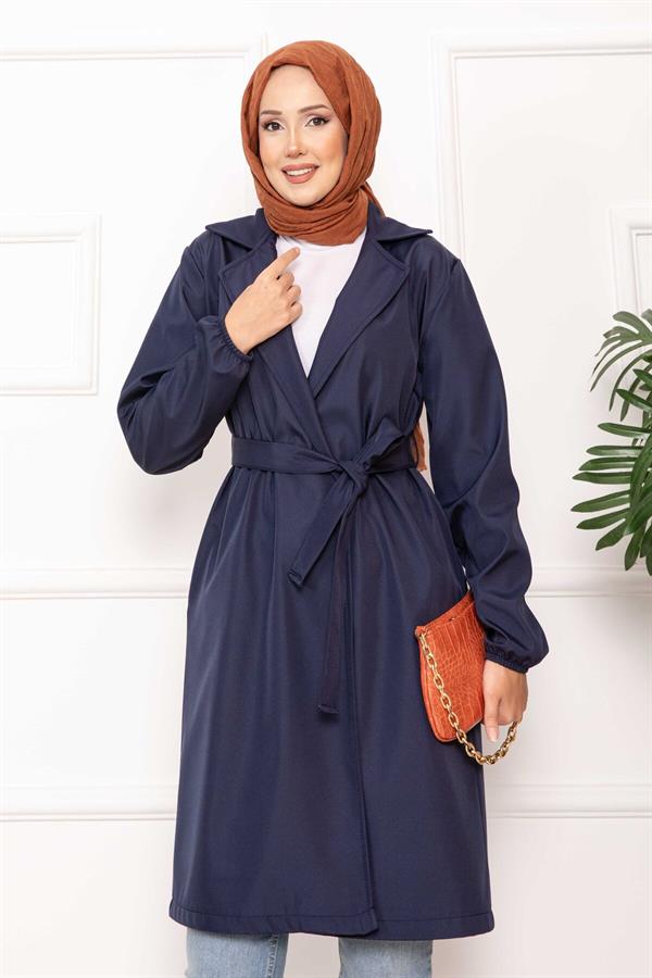 Double-Breasted Belted Relax Trench Coat Navy Blue